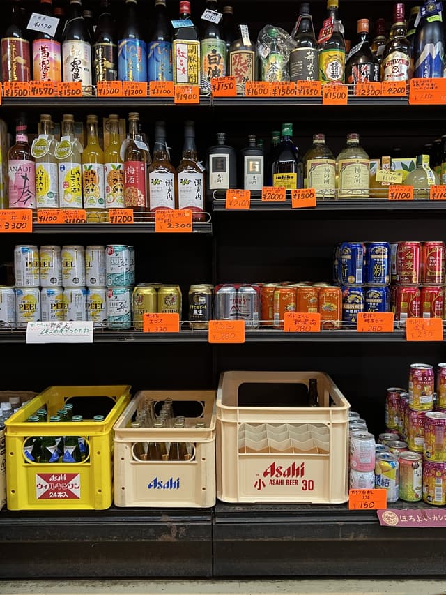 Shelves of drinks in a small shop